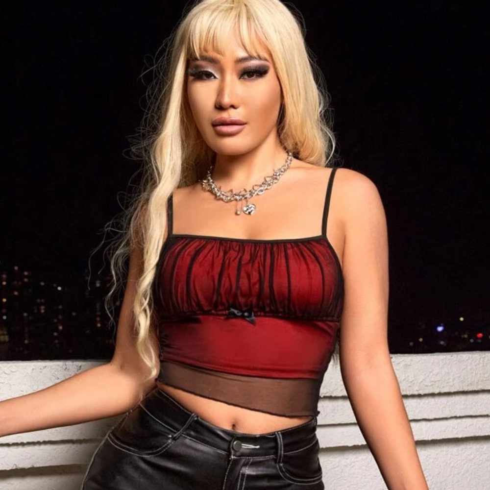 Ruched Bust Mesh Red & Black Cami